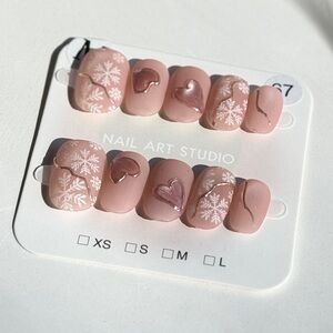 Pink Snowflake and Heart Press On Nail Art Set Size M